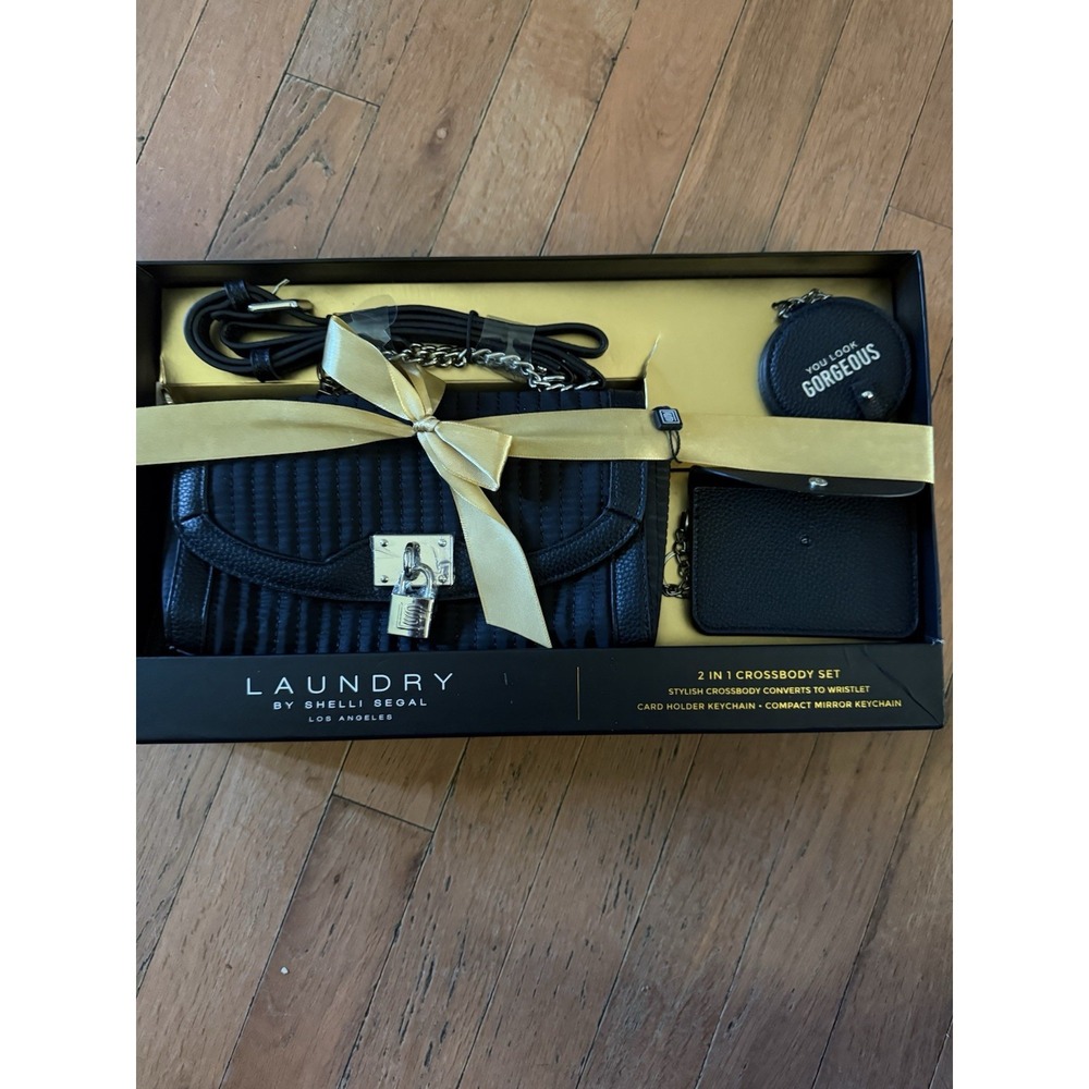 Laundry by Shelli Segal Quilted Black Crossbody Card Holder Mirror Keychain